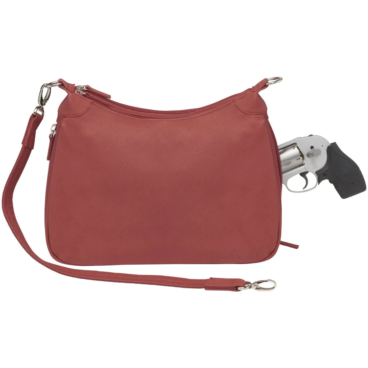Designed for either Left or Right Handed use. Special padding to prevent gun imprinting. SLASH RESISTANT Shoulder Strap11-Ply Steel Cable Reinforced. Easily clips on and off. Removable. Height when strapped to bag = 13 1/2" Tall. Tumbled and uncoated full grain Leather with Microfiber Accents. Will become butter soft within weeks of use yet Leather outside zipper pulls. Lightweight Includes Holster. Double zippered top main compartment closures