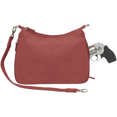 Designed for either Left or Right Handed use. Special padding to prevent gun imprinting. SLASH RESISTANT Shoulder Strap11-Ply Steel Cable Reinforced. Easily clips on and off. Removable. Height when strapped to bag = 13 1/2" Tall. Tumbled and uncoated full grain Leather with Microfiber Accents. Will become butter soft within weeks of use yet Leather outside zipper pulls. Lightweight Includes Holster. Double zippered top main compartment closures