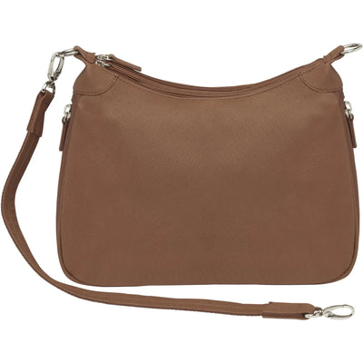 Designed for either Left or Right Handed use. Special padding to prevent gun imprinting. SLASH RESISTANT Shoulder Strap11-Ply Steel Cable Reinforced. Easily clips on and off. Removable. Height when strapped to bag = 13 1/2" Tall. Tumbled and uncoated full grain Leather with Microfiber Accents. Will become butter soft within weeks of use yet Leather outside zipper pulls. Lightweight Includes Holster. Double zippered top main compartment closures