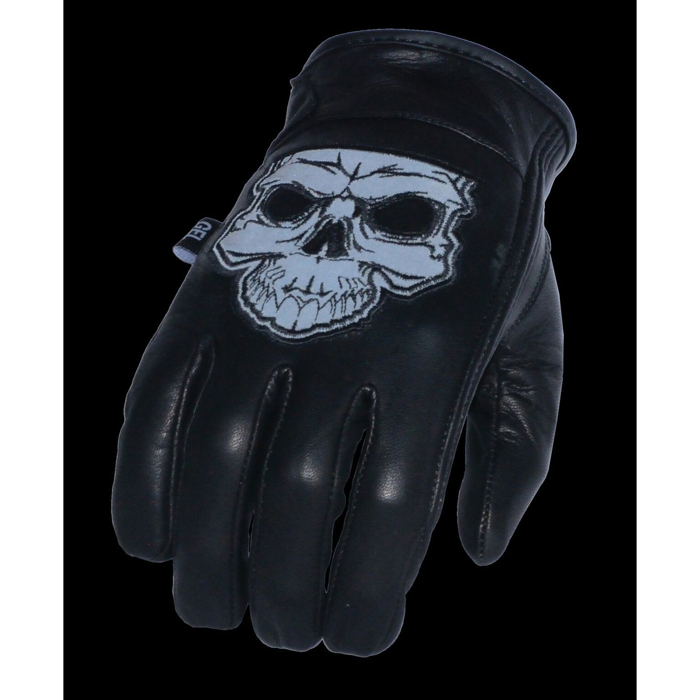 Night time reflective view of Leather motorcycle riding gloves with reflective skull pictured on back of hand. They are available in sizes XS-3X and have a thermal lining and velcro wrist closure. They are available in our shop just outside Nashville in Smyrna, TN.