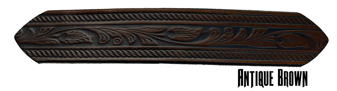 Full grain American vegetable tanned cowhide approx. 1/8"thick. Width 1 1/2" and includes Antique Nickle plated Solid Brass buckle Hand Finished in 3 color options Smooth burnished painted edges Choose with or without name, if without name, design will cover entire length of belt For name Type name desired on belt in "Type Name Here" section, no more than 8 letters maximum Buckle snaps in place for easy changing if desired Made in our Smyrna, TN, USA shop