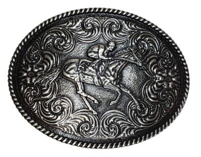 A Running Horse with rider western influenced scroll with a rope border on a oval shaped antique silver colored buckle. Perfect for 1 1/2" Brown or Black belts with it's Antiqued Nickel appearance. Buckle size is approx. 3" x 4" that makes it great for most body styles. Imported.
