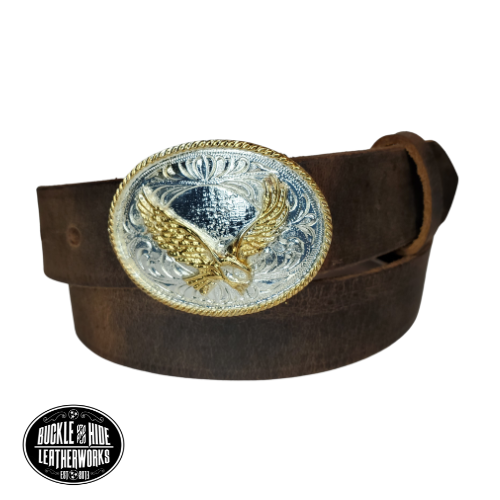 Our Kids/Youth Belt Combo is a great choice who's wants to be like dad or mom! Full grain Distressed Brown Water Buffalo or Black cowhide leather that is approx. 1/8"thick. The width is 1 1/4" and this Combo includes a Western styled Nickle plated oval shaped buckle with a Flying Eagle completed with a rope edge.  Included 2" x 2 1/2" sized Buckle snaps in place for easy changing if desired. Choose a Black or Distressed Brown Leather belt for the Combo. Made in our Smyrna, TN, USA shop.        