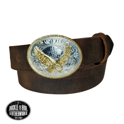 Our Kids/Youth Belt Combo is a great choice who's wants to be like dad or mom! Full grain Distressed Brown Water Buffalo or Black cowhide leather that is approx. 1/8"thick. The width is 1 1/4" and this Combo includes a Western styled Nickle plated oval shaped buckle with a Flying Eagle completed with a rope edge.  Included 2" x 2 1/2" sized Buckle snaps in place for easy changing if desired. Choose a Black or Distressed Brown Leather belt for the Combo. Made in our Smyrna, TN, USA shop.        