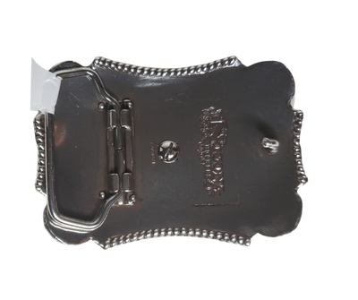 The Kids needs a cool buckle too. Classic scroll background with a Longhorn Steer framed in a oval Rope and four Stars on each corner. Measures 2" tall x 3-1/4" wide Fit's up to 1 1/2" belts Available also in our Smyrna, TN shop just outside Nashville