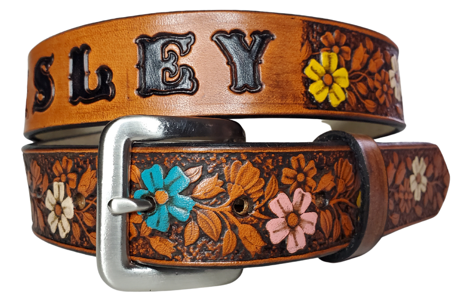 Our "Kid's Beulah' is just like the Beulah Land for mom with HAND PAINTED FLOWERS. Full grain American vegetable tanned cowhide approx. 1/8"thick. Width is 1 1/4" and includes Antique Nickle plated Solid Brass buckle. We Hand Finish with a tan center. Edges are smooth burnished painted edges. Made in our Smyrna, TN, USA shop. Buckle snaps in place for easy changing if desired.
