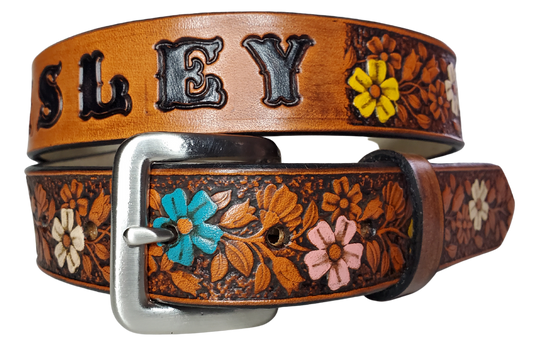 Our "Kid's Beulah' is just like the Beulah Land for mom with HAND PAINTED FLOWERS. Full grain American vegetable tanned cowhide approx. 1/8"thick. Width is 1 1/4" and includes Antique Nickle plated Solid Brass buckle. We Hand Finish with a tan center. Edges are smooth burnished painted edges. Made in our Smyrna, TN, USA shop. Buckle snaps in place for easy changing if desired.