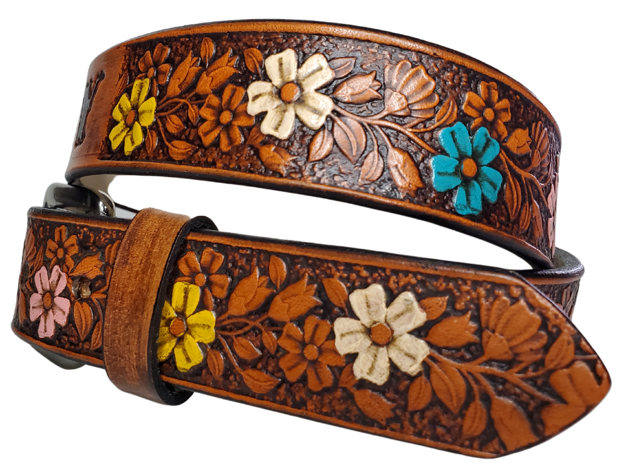 Our "Kid's Beulah' is just like the Beulah Land for mom with HAND PAINTED FLOWERS. Full grain American vegetable tanned cowhide approx. 1/8"thick. Width is 1 1/4" and includes Antique Nickle plated Solid Brass buckle. We Hand Finish with a tan center. Edges are smooth burnished painted edges. Made in our Smyrna, TN, USA shop. Buckle snaps in place for easy changing if desired.