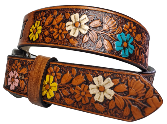 Our "Kid's Beulah' is just like the Beulah Land for mom with HAND PAINTED FLOWERS. Full grain American vegetable tanned cowhide approx. 1/8"thick. Width is 1 1/4" and includes Antique Nickle plated Solid Brass buckle. We Hand Finish with a tan center. Edges are smooth burnished painted edges. Made in our Smyrna, TN, USA shop. Buckle snaps in place for easy changing if desired.