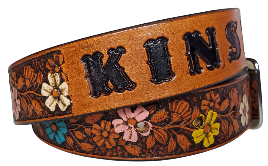 Our "Kid's Beulah' is just like the Beulah Land for mom with HAND PAINTED FLOWERS. Full grain American vegetable tanned cowhide approx. 1/8"thick. Width is 1 1/4" and includes Antique Nickle plated Solid Brass buckle. We Hand Finish with a tan center. Edges are smooth burnished painted edges. Made in our Smyrna, TN, USA shop. Buckle snaps in place for easy changing if desired.