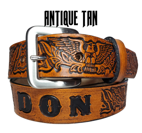 Our Kid's "Patriot" is just like the Patriot' for dad or mom. Full grain American vegetable tanned cowhide approx. 1/8"thick. Width is 1 1/4" and includes Antique Nickle plated Solid Brass buckle. We Hand Finish with each belt. Edges are smooth burnished painted edges. Made in our Smyrna, TN, USA shop. Buckle snaps in place for easy changing if desired.  Choose with or without name, if without name, 