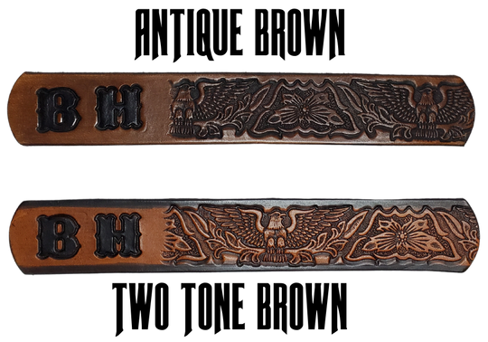 Our Kid's "Patriot" is just like the Patriot' for dad or mom. Full grain American vegetable tanned cowhide approx. 1/8"thick. Width is 1 1/4" and includes Antique Nickle plated Solid Brass buckle. We Hand Finish with each belt. Edges are smooth burnished painted edges. Made in our Smyrna, TN, USA shop. Buckle snaps in place for easy changing if desired.  Choose with or without name, if without name, 