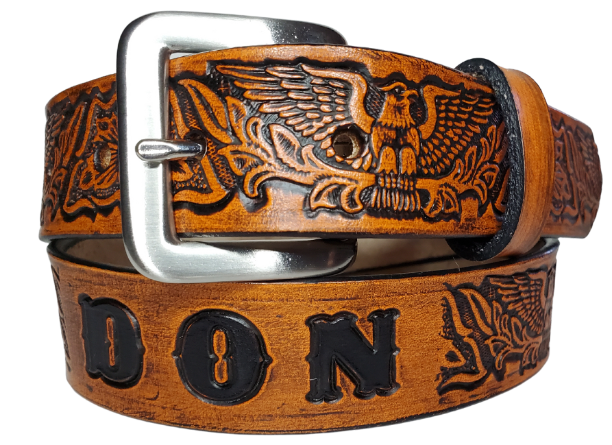 Our Kid's "Patriot" is just like the Patriot' for dad or mom. Full grain American vegetable tanned cowhide approx. 1/8"thick. Width is 1 1/4" and includes Antique Nickle plated Solid Brass buckle. We Hand Finish with each belt. Edges are smooth burnished painted edges. Made in our Smyrna, TN, USA shop. Buckle snaps in place for easy changing if desired.  Choose with or without name, if without name 