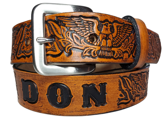 Our Kid's "Patriot" is just like the Patriot' for dad or mom. Full grain American vegetable tanned cowhide approx. 1/8"thick. Width is 1 1/4" and includes Antique Nickle plated Solid Brass buckle. We Hand Finish with each belt. Edges are smooth burnished painted edges. Made in our Smyrna, TN, USA shop. Buckle snaps in place for easy changing if desired.  Choose with or without name, if without name 