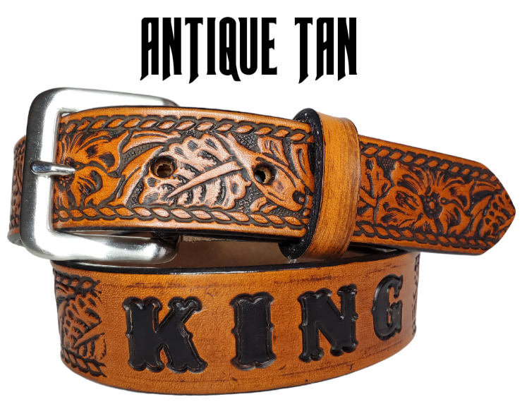 Our Kid's Ranch is just like the Ranch for dad or mom. Full grain American vegetable tanned cowhide approx. 1/8"thick. Width is 1 1/4" and includes Antique Nickle plated Solid Brass buckle. We Hand Finished with a darker brown edge feathered into a tan center. Edges are smooth burnished painted edges. Made in our Smyrna, TN, USA shop. Buckle snaps in place for easy changing if desired  Choose with or without name, 