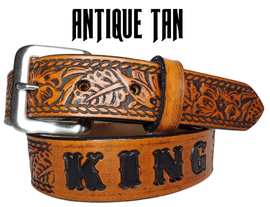 Our Kid's Ranch is just like the Ranch for dad or mom. Full grain American vegetable tanned cowhide approx. 1/8"thick. Width is 1 1/4" and includes Antique Nickle plated Solid Brass buckle. We Hand Finished with a darker brown edge feathered into a tan center. Edges are smooth burnished painted edges. Made in our Smyrna, TN, USA shop. Buckle snaps in place for easy changing if desired  Choose with or without name, 