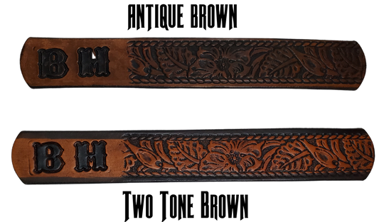 Our Lil Ranch is just like the Ranch for dad or mom. Full grain American vegetable tanned cowhide approx. 1/8"thick. Width is 1 1/4" and includes Antique Nickle plated Solid Brass buckle. We Hand Finished with a darker brown edge feathered into a tan center. Edges are smooth burnished painted edges. Made in our Smyrna, TN, USA shop. Buckle snaps in place for easy changing if desired  Choose with or without name, 