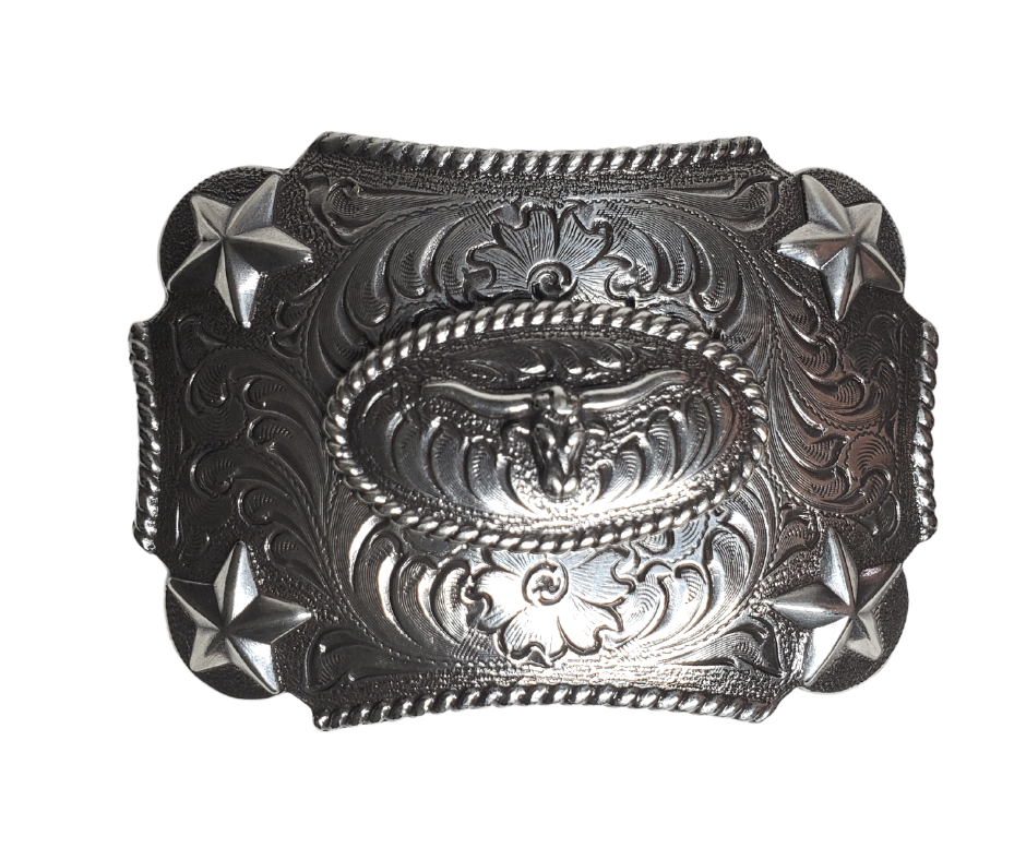 The Kids needs a cool buckle too. Classic scroll background with a Longhorn Steer framed in a oval Rope and four Stars on each corner. Measures 2" tall x 3-1/4" wide Fit's up to 1 1/2" belts Available also in our Smyrna, TN shop just outside Nashville