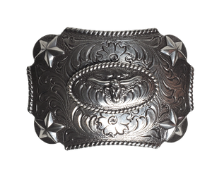 The Kids needs a cool buckle too. Classic scroll background with a Longhorn Steer framed in a oval Rope and four Stars on each corner. Measures 2" tall x 3-1/4" wide Fit's up to 1 1/2" belts Available also in our Smyrna, TN shop just outside Nashville