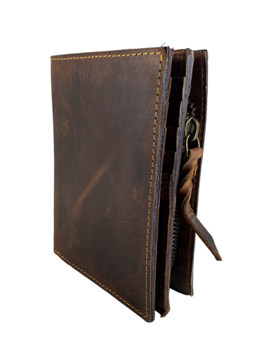 Popular Distressed Brown Multi Fold Wallet. 1 cash slot, 8 card slots, I.D. slot, zippered coin pocket for all your stash needs. Will darken with a nice patina with use. Imported and Buckle and Hide approved. Great for men or women with lots of cards.