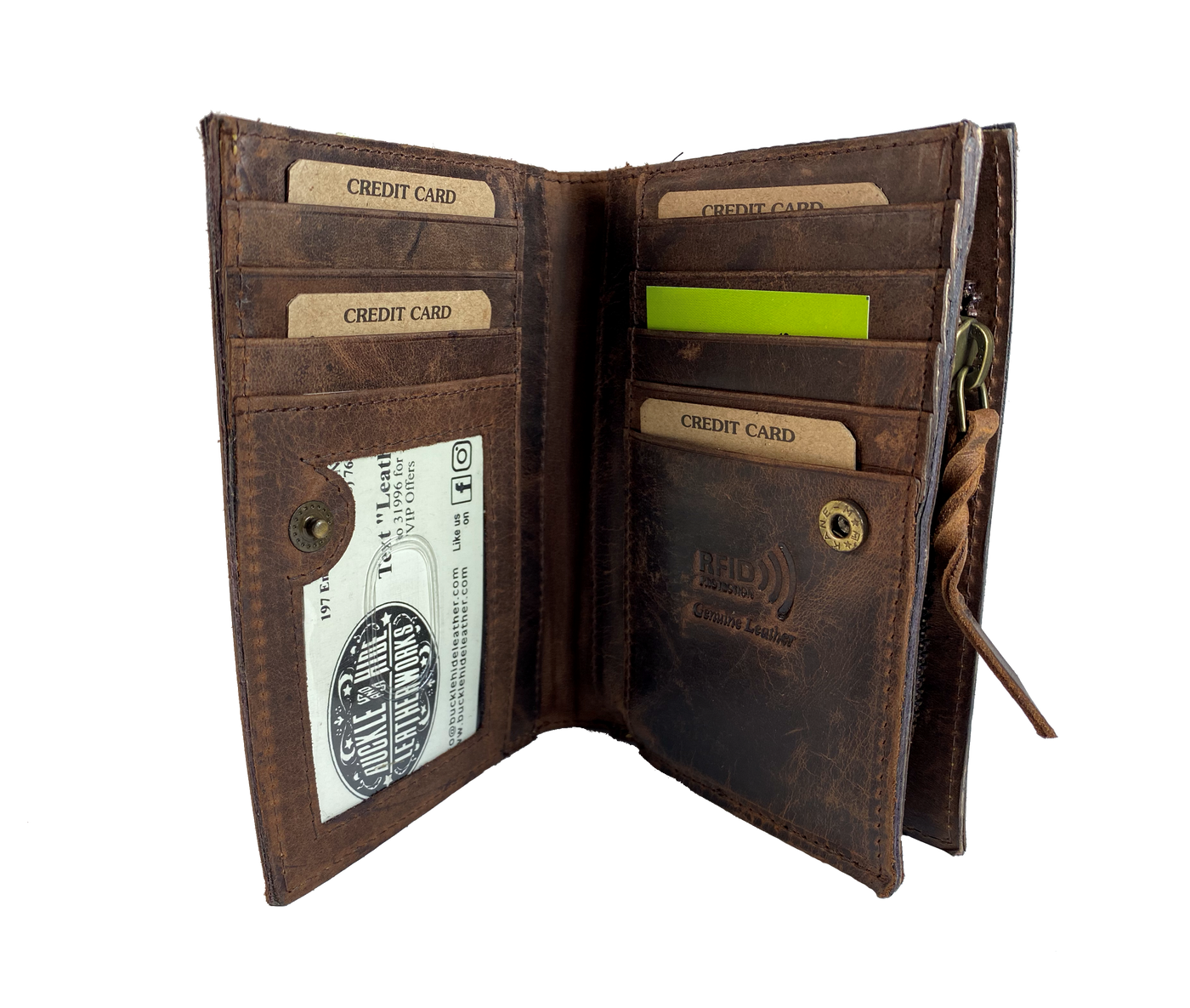 Popular Distressed Brown Multi Fold Wallet. 1 cash slot, 8 card slots, I.D. slot, zippered coin pocket for all your stash needs. Will darken with a nice patina with use. Imported and Buckle and Hide approved. Great for men or women with lots of cards.