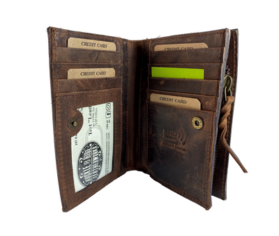 Popular Distressed Brown Multi Fold Wallet. 1 cash slot, 8 card slots, I.D. slot, zippered coin pocket for all your stash needs. Will darken with a nice patina with use. Imported and Buckle and Hide approved. Great for men or women with lots of cards.