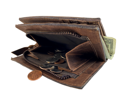 Popular Distressed Brown Multi Fold Wallet. 1 cash slot, 8 card slots, I.D. slot, zippered coin pocket for all your stash needs. Will darken with a nice patina with use. Imported and Buckle and Hide approved. Great for men or women with lots of cards.