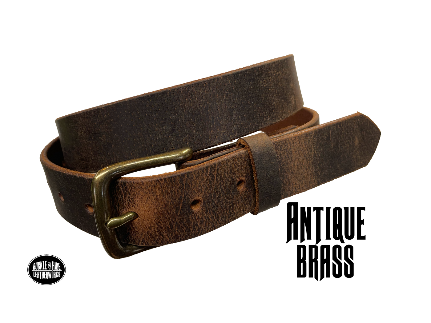 This is a full grain, solid leather, brown Water Buffalo belt with a distressed look and beveled smooth edges. The strap is 1 1/4" wide, approximately 1/8" thick, in sizes from 34" to 44" from buckle end to hole most worn. The antique brass finish buckle is held in place with 2 snaps for easy buckle change. Great for everyday wear or casual office dress. Handmade in our Smyrna, TN shop, just outside Nashville.