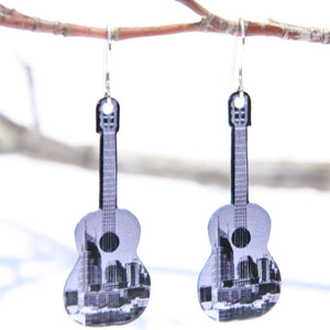Nashville Guitar Earrings Black and White Black and white version of Nashville skyline earrings, we took this picture of downtown Nashville in February 2016.  We are the only vendors for these earrings! They have Non-tarnishing silver ear wires. Made in USA.