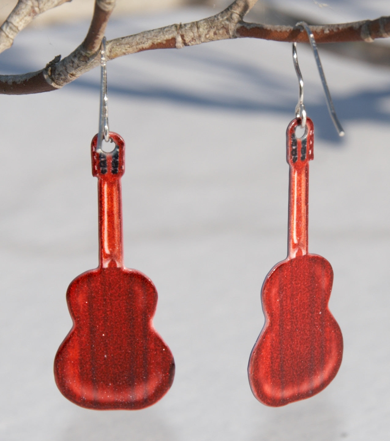 Nashville Guitar Earrings-Downtown Nashville on Acoustic Guitar shaped earrings. Made from a photo we took in 2016. The backs looks like the wood on the back of real guitar. Made in USA by D'ears. Sold exclusively by our shop online or in our retail shop in Smyrna, TN. back view