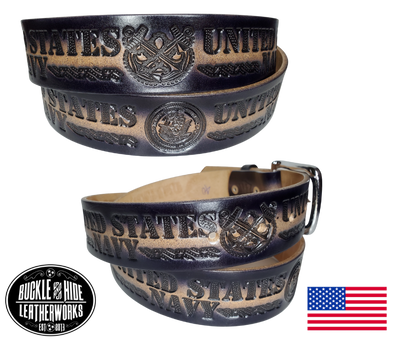 Our Military belt is very similar to our own belts made in our shop.... the same type of Veg-Tan leather, same thickness, we just don't make them. These are less hand made using machines to speed up the process but still Buckle and Hide approved. Complete with snaps to change the buckle if needed. Belt is made in the USA . Available online and in our shop just outside Nashville in Smyrna, TN