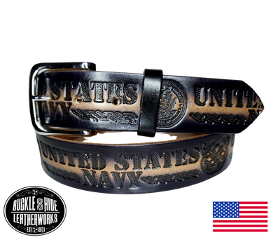 Our Military belt is very similar to our own belts made in our shop.... the same type of Veg-Tan leather, same thickness, we just don't make them. These are less hand made using machines to speed up the process but still Buckle and Hide approved. Complete with snaps to change the buckle if needed. Belt is made in the USA .  Available online and in our shop just outside Nashville in Smyrna, TN