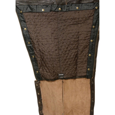 Inside leg view of lining and leg seam of premium distressed brown leather riding chaps, made from soft, milled naked cowhide leather.  Snap out liner for changes in weather.  Heavy side zippers run from hip to just below the knee, snaps run remaining length of leg.  Available in our shop in Smyrna, TN, just outside Nashville.
