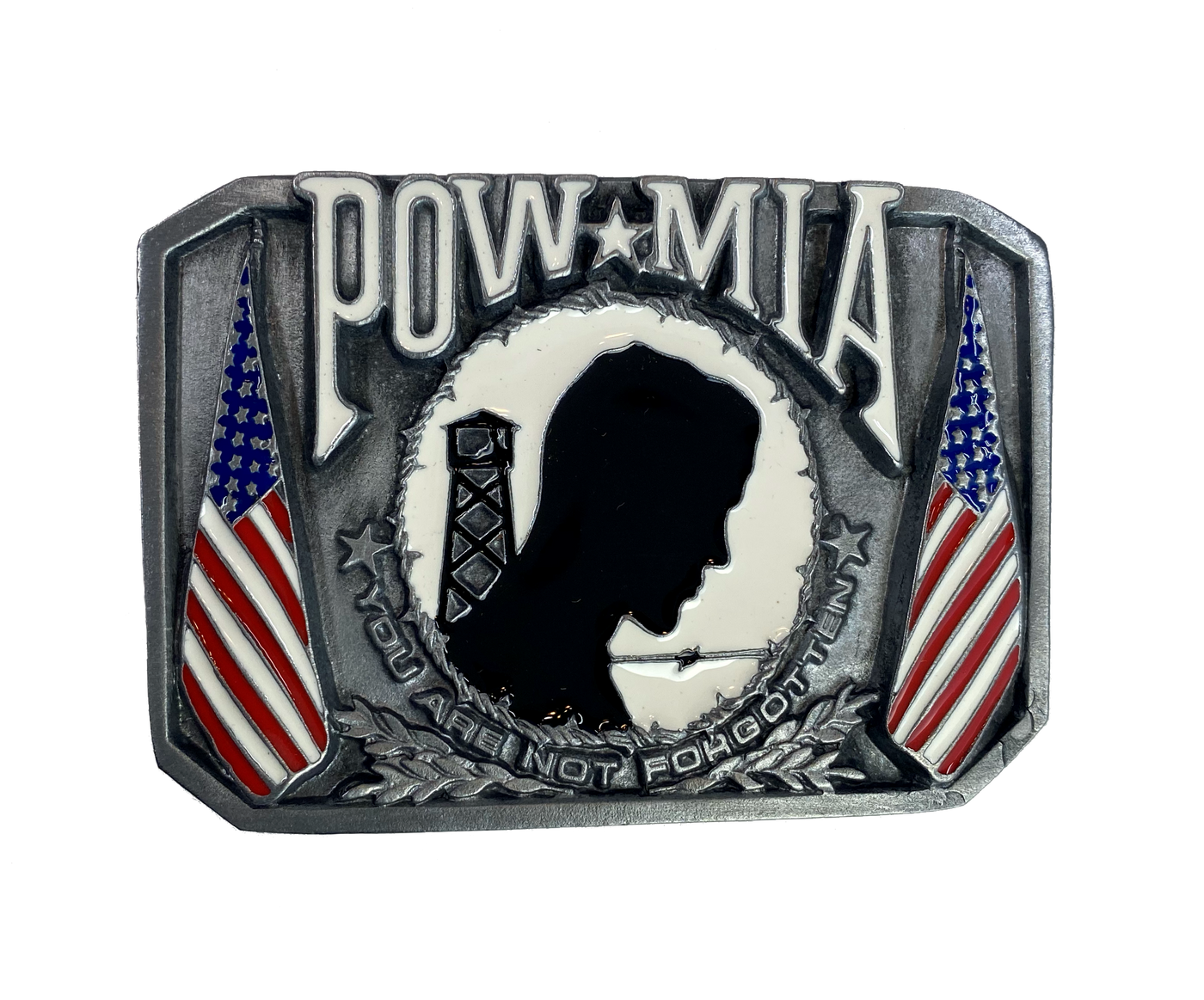 We will never forget! A patriotic POW belt buckle with USA Flags on each side of the well known emblem. Imported. Available online and in our shop in Smyrna, TN, just outside of Nashville.