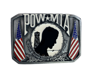 We will never forget! A patriotic POW belt buckle with USA Flags on each side of the well known emblem. Imported. Available online and in our shop in Smyrna, TN, just outside of Nashville.
