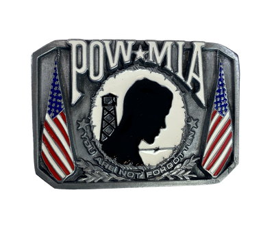 We will never forget! A patriotic POW belt buckle with USA Flags on each side of the well known emblem. Imported. Available online and in our shop in Smyrna, TN, just outside of Nashville.