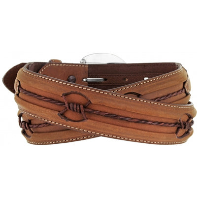 A very unique belt with hand laced inlayed Barbed Wire in a popular 1 1/2" Distressed brown leather strap, coffee billet and underlay, cognac kid leather lacing, Complete with a matching antiqued polished silver buckle with leather inlay. This belt will match a lot a current boot colors if you wear boots. Barb Wire is a True iconic symbol of Ranching and the Western lifestyle. Available in our Smyrna, TN shop just outside Nashville. 