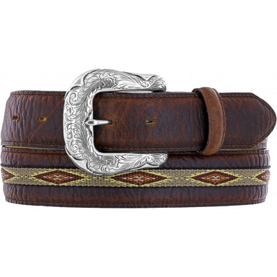 Unique Bison Leather Intricate stitching  Native American motifs Western buckle Made in the USAIt's hard to get more authentic Western than a Bison, a icon of the west! Intricate stitching reminiscent of Native American motif with 2 Buffalo Nickle framing it up takes center stage on this handsome 1 1/2" belt, finished with a classic Western buckle on Bison leather. Made in the USA. Available at our Smyrna, TN shop outside of Nashville.