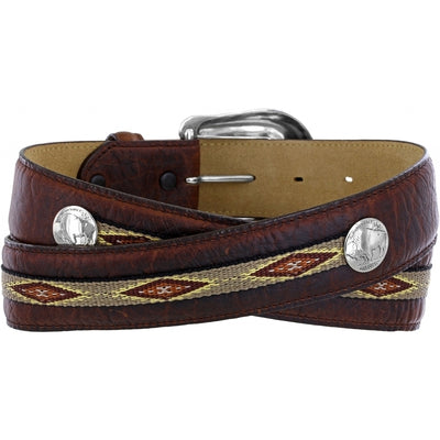 Unique Bison Leather Intricate stitching  Native American motifs Western buckle Made in the USAIt's hard to get more authentic Western than a Bison, a icon of the west! Intricate stitching reminiscent of Native American motif with 2 Buffalo Nickle framing it up takes center stage on this handsome 1 1/2" belt, finished with a classic Western buckle on Bison leather. Made in the USA. Available at our Smyrna, TN shop outside of Nashville.
