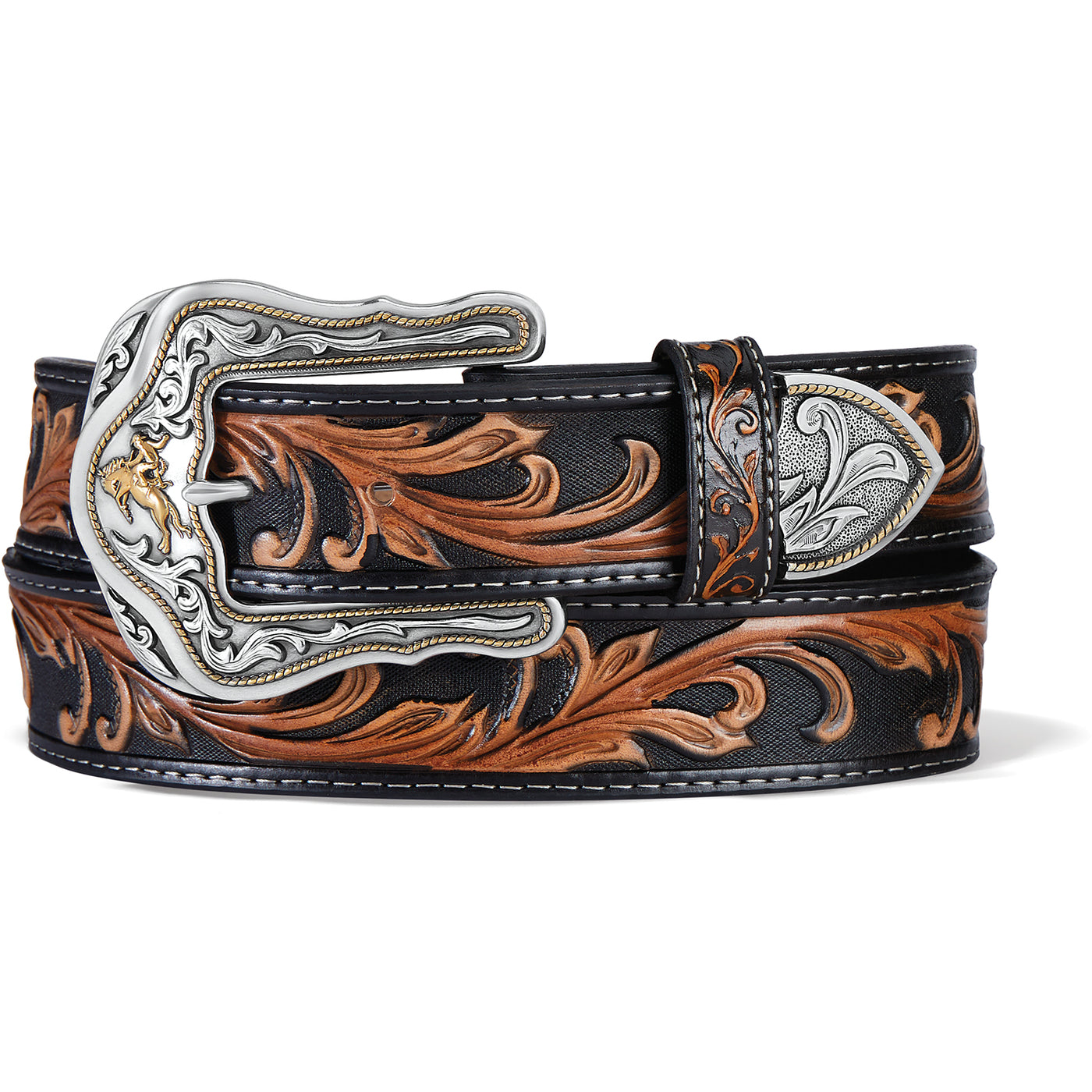 The beauty of this tooled belt is in the hand-antiqued black and tan colors that bring out its rich textural pattern. A silver- and gold-plated two-piece buckle set echoes the design on the strap. Proudly handcrafted in the USA with imported materials. Belt is 1 1/2" wide in classic solid black with black stitching along edges of the belt. Made in USA by Brighton for Tony Lama. Available at our Smyrna, TN shop just outside Nashville.