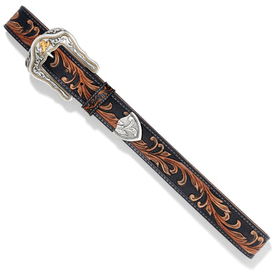 The beauty of this tooled belt is in the hand-antiqued black and tan colors that bring out its rich textural pattern. A silver- and gold-plated two-piece buckle set echoes the design on the strap. Proudly handcrafted in the USA with imported materials. Belt is 1 1/2" wide in classic solid black with black stitching along edges of the belt. Made in USA by Brighton for Tony Lama. Available at our Smyrna, TN shop just outside Nashville.