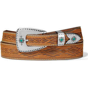 A Southwestern motif is embossed into both colors of this vegetable tanned leather by our LA artisans. The belt tapered 3/4" buckle ends from 1 3/8" with black stitching along the edges and a 3-piece buckle on the belt features hand-set stones and has a unique ornate hand stamped silver appearance. The Brown version has the same features as the black but has Turquoise stitching on the edge and the buckle has magnesite turquoise stones on the same style buckle and both are available in our Smyrna, TN shop.