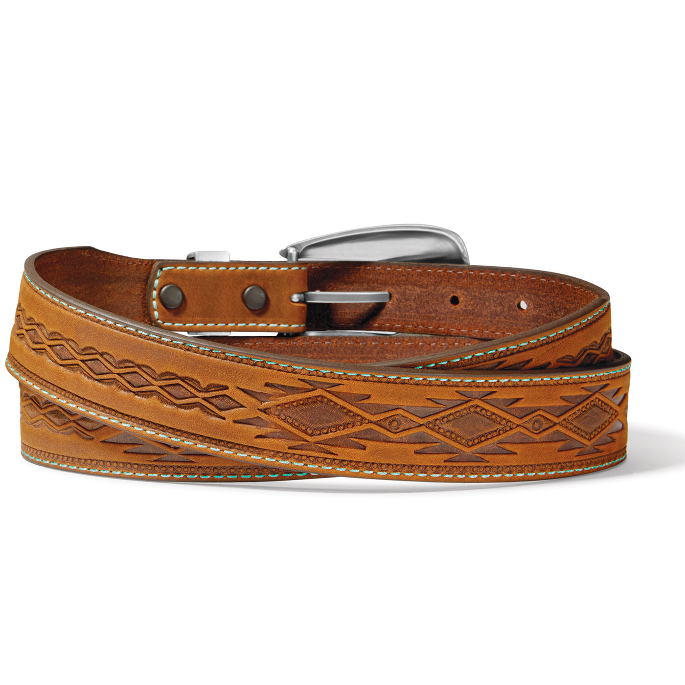 A Southwestern motif is embossed into both colors of this vegetable tanned leather by our LA artisans. The belt tapered 3/4" buckle ends from 1 3/8" with black stitching along the edges and a 3-piece buckle on the belt features hand-set stones and has a unique ornate hand stamped silver appearance. The Brown version has the same features as the black but has Turquoise stitching on the edge and the buckle has magnesite turquoise stones on the same style buckle and both are available in our Smyrna, TN shop.