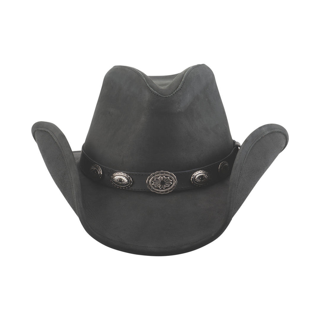 Step into a piece of Wild West history with this top grain black leather Western hat. The 3 1/2" brim can be shaped to your liking with the help of a metal wire sewn into the edge. The iconic pinched crown and small southwest-inspired oval conches adorning the hat band will transport you to Tombstone, Deadwood, or Dodge, or have you sang "Dead or Alive!" Available at our retail shop in Smyrna, TN, just outside of Nashville. Top grain leather Brim 3 1/2"Sizes&nbsp; &nbsp;S - M - L - XL