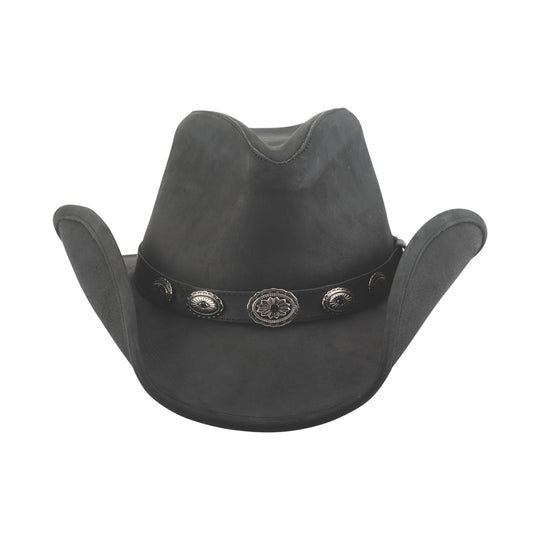 Step into a piece of Wild West history with this top grain black leather Western hat. The 3 1/2" brim can be shaped to your liking with the help of a metal wire sewn into the edge. The iconic pinched crown and small southwest-inspired oval conches adorning the hat band will transport you to Tombstone, Deadwood, or Dodge, or have you sang "Dead or Alive!" Available at our retail shop in Smyrna, TN, just outside of Nashville. Top grain leather Brim 3 1/2"Sizes&nbsp; &nbsp;S - M - L - XL