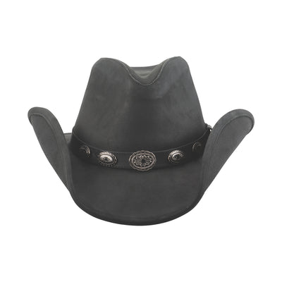 This leather Western style hat is made from top grain black leather. The brim is 3 3/8" wide and has metal sewn into the edge for easy shaping.  Take yourself back to Tombstone, Deadwood or Dodge with the classic pinched crown accented with small southwest inspired oval conches decorate around the rest of the hat band. Available for purchase at our retail shop in Smyrna, TN, just outside of Nashville. Available in sizes small through XL.