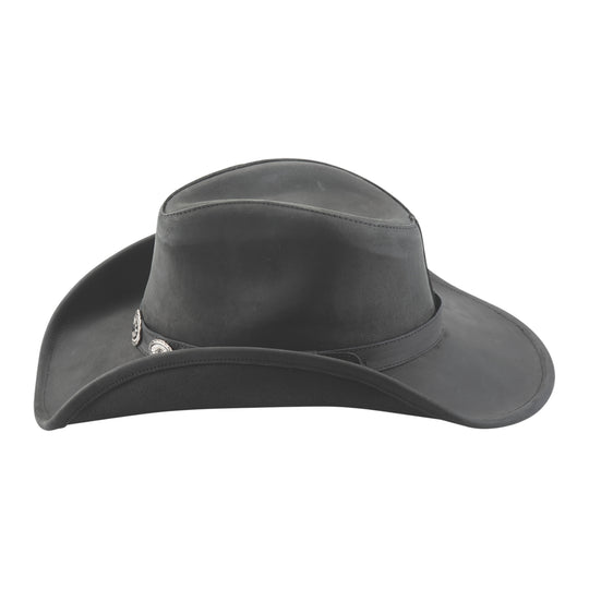 Step into a piece of Wild West history with this top grain black leather Western hat. The 3 1/2" brim can be shaped to your liking with the help of a metal wire sewn into the edge. The iconic pinched crown and small southwest-inspired oval conches adorning the hat band will transport you to Tombstone, Deadwood, or Dodge, or have you sang "Dead or Alive!" Available at our retail shop in Smyrna, TN, just outside of Nashville. Top grain leather Brim 3 1/2"Sizes&nbsp; &nbsp;S - M - L - XL