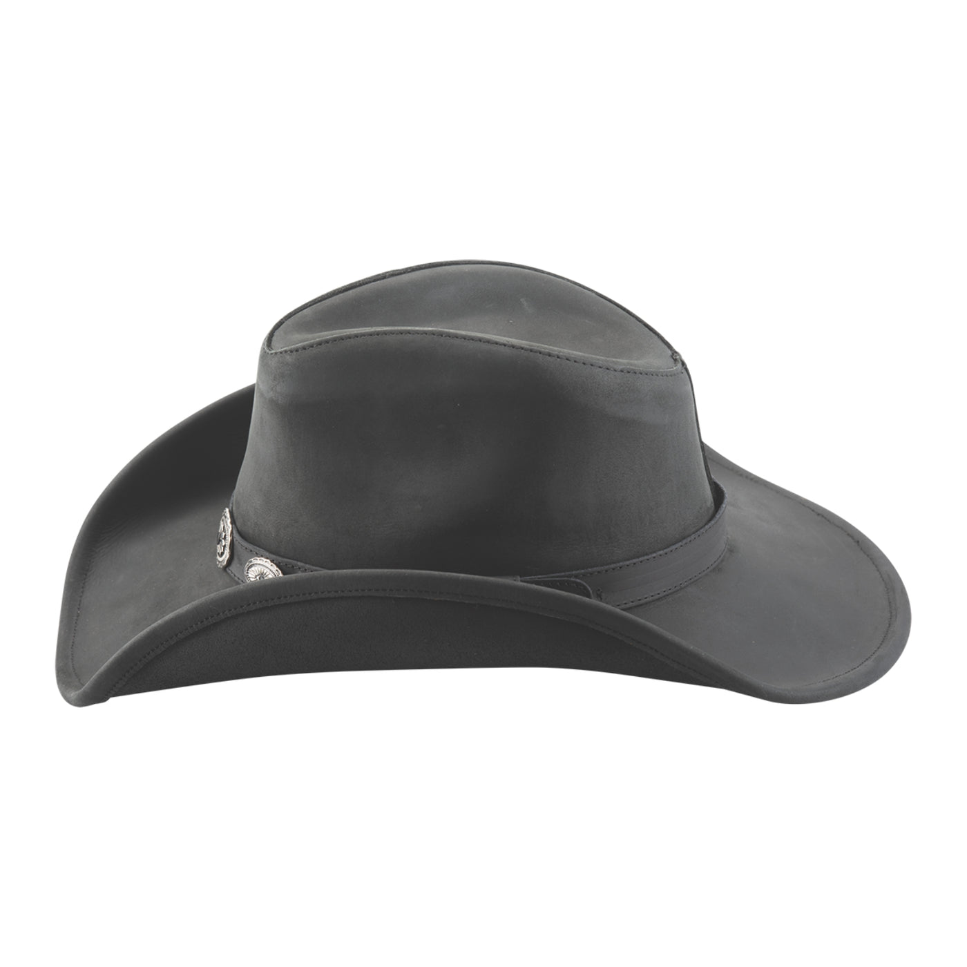 This leather Western style hat is made from top grain black leather. The brim is 3 3/8" wide and has metal sewn into the edge for easy shaping.  Take yourself back to Tombstone, Deadwood or Dodge with the classic pinched crown accented with small southwest inspired oval conches decorate around the rest of the hat band. Available for purchase at our retail shop in Smyrna, TN, just outside of Nashville. Available in sizes small through XL. side view