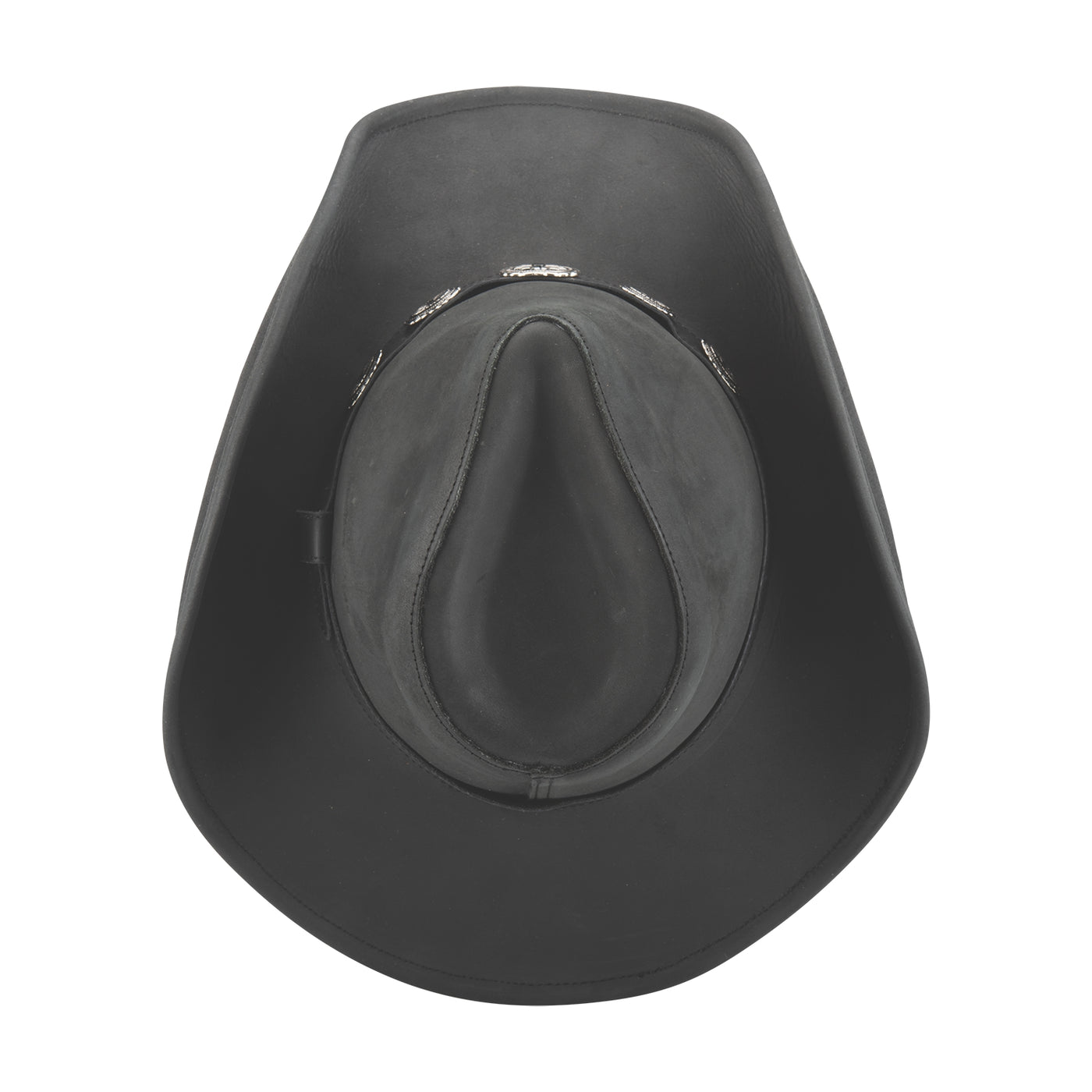 This leather Western style hat is made from top grain black leather. The brim is 3 3/8" wide and has metal sewn into the edge for easy shaping.  Take yourself back to Tombstone, Deadwood or Dodge with the classic pinched crown accented with small southwest inspired oval conches decorate around the rest of the hat band. Available for purchase at our retail shop in Smyrna, TN, just outside of Nashville. Available in sizes small through XL. top view