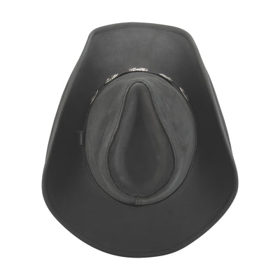 This leather Western style hat is made from top grain black leather. The brim is 3 3/8" wide and has metal sewn into the edge for easy shaping.  Take yourself back to Tombstone, Deadwood or Dodge with the classic pinched crown accented with small southwest inspired oval conches decorate around the rest of the hat band. Available for purchase at our retail shop in Smyrna, TN, just outside of Nashville. Available in sizes small through XL. top view